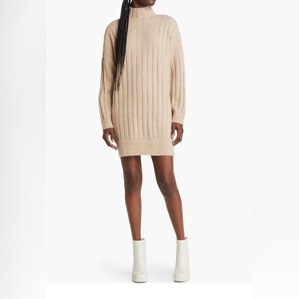 Boxy ribbed funnel neck long sleeve dress